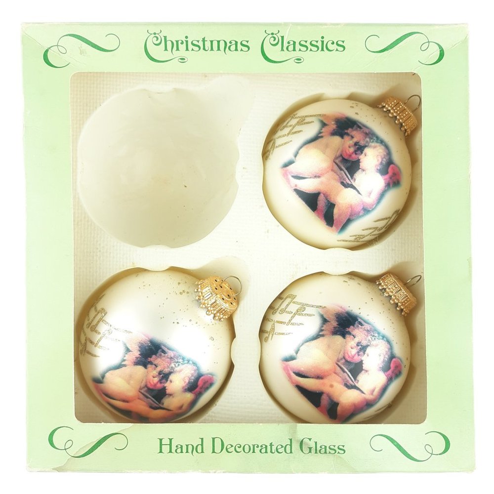 Vintage Krebs Christmas Classics Angel Cherub Musical Notes Glass Ball Ornaments